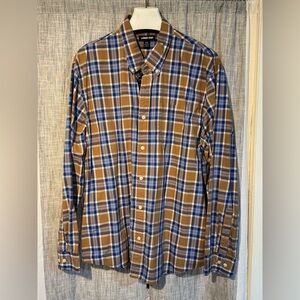 XXL, 18-18.5 Neck, No Iron, Lands' End Men's Casual Blue & Tan Plaid Shirt